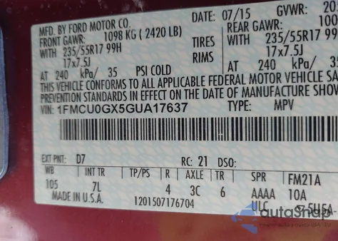 2016 Ford Escape Se из США, поврежденный, VIN 1FMCU0GX5GUA17637